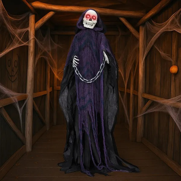 6ft animatronic Grim Reaper Halloween prop with glowing eyes