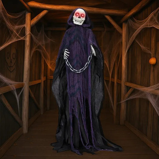 6ft animatronic Grim Reaper Halloween prop with glowing eyes