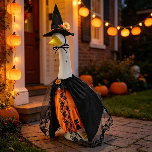 Halloween decorated front porch with dressed lawn goose, animatronic Grim Reaper, and pumpkins