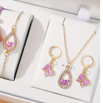 4 Pcs Butterfly Jewelry Set for Women - Necklace, Bracelet, Earrings and Ring.