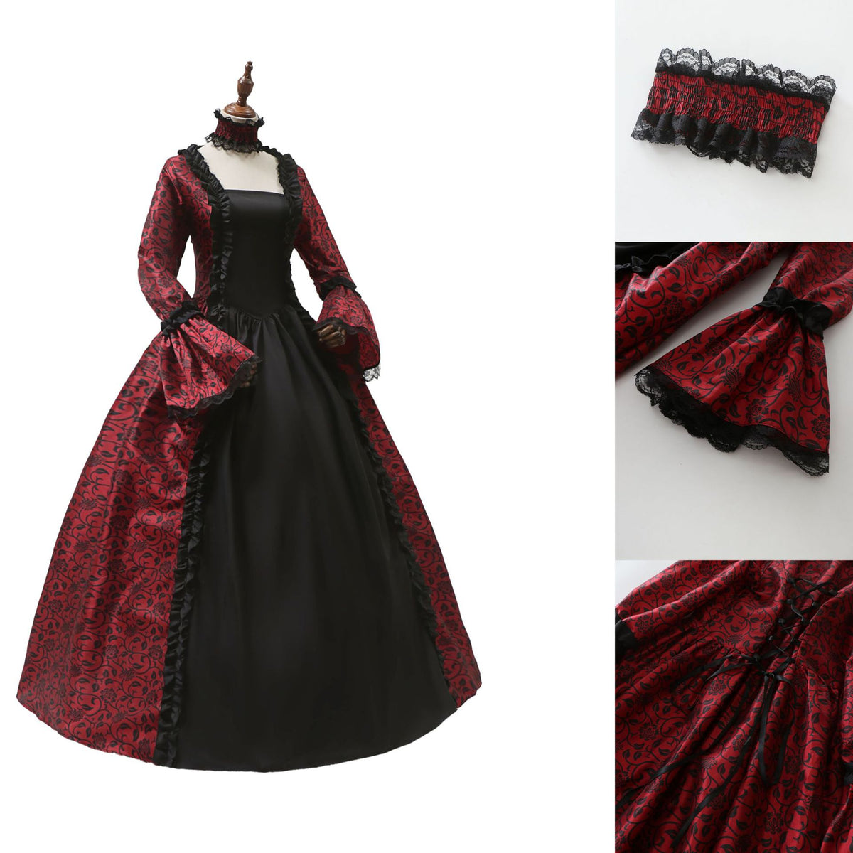 Victorian gothic Halloween costume dress with damask brocade, lace, and choker