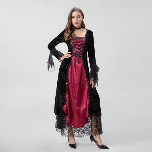 Gothic vampire queen costume dress with velvet, lace, and choker