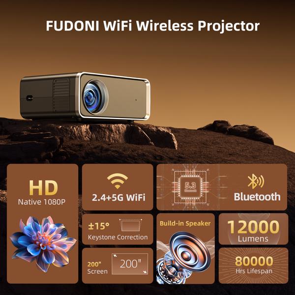 Projector With WiFi & Bluetooth, Upgraded 5G Portable Projector, Support 4K, Native 1080P, 12000 Lumens, Outdoor LED Movie Projector