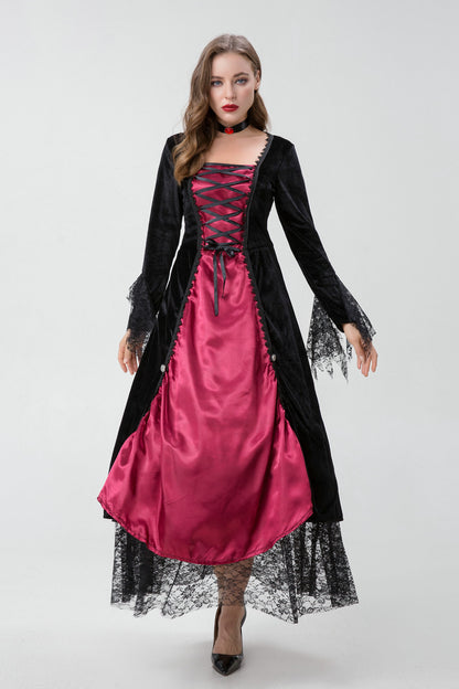 Gothic vampire queen costume dress with velvet, lace, and choker