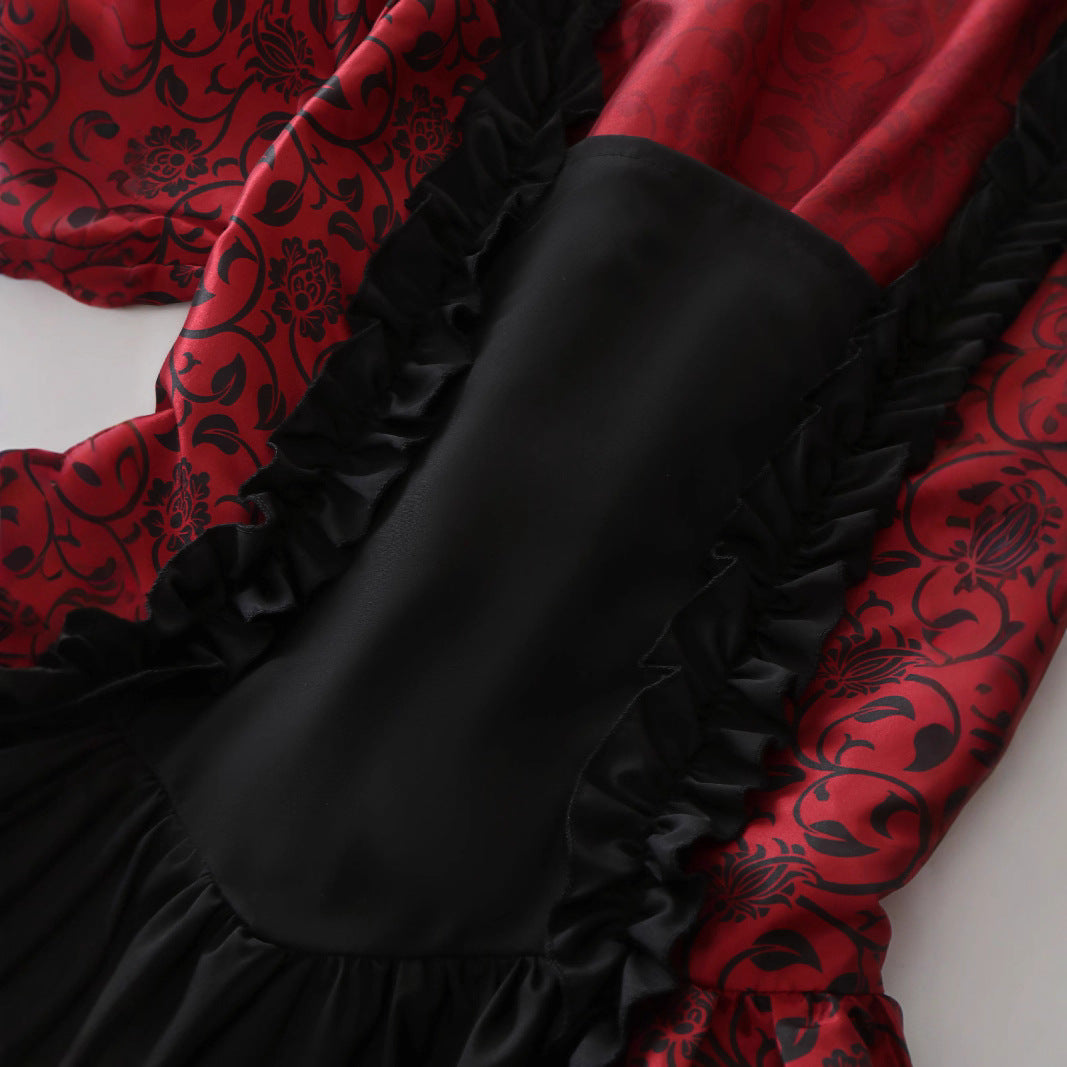 Victorian gothic Halloween costume dress with damask brocade, lace, and choker