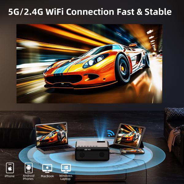 Projector With WiFi & Bluetooth, Upgraded 5G Portable Projector, Support 4K, Native 1080P, 12000 Lumens, Outdoor LED Movie Projector