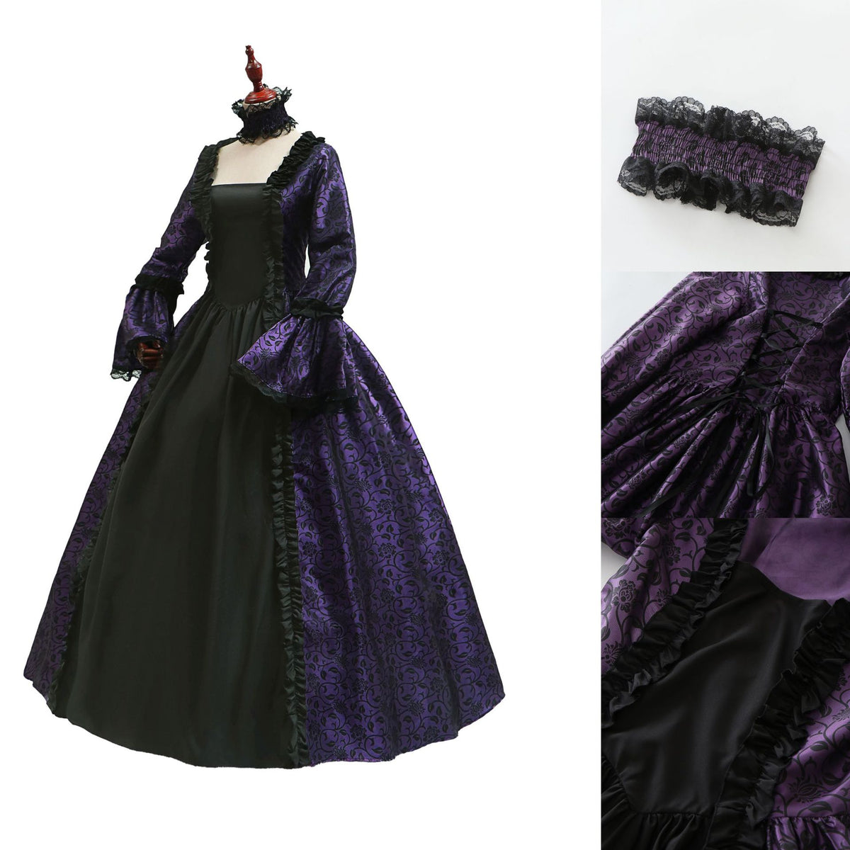 Victorian gothic Halloween costume dress with damask brocade, lace, and choker