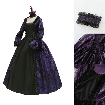 Victorian gothic Halloween costume dress with damask brocade, lace, and choker