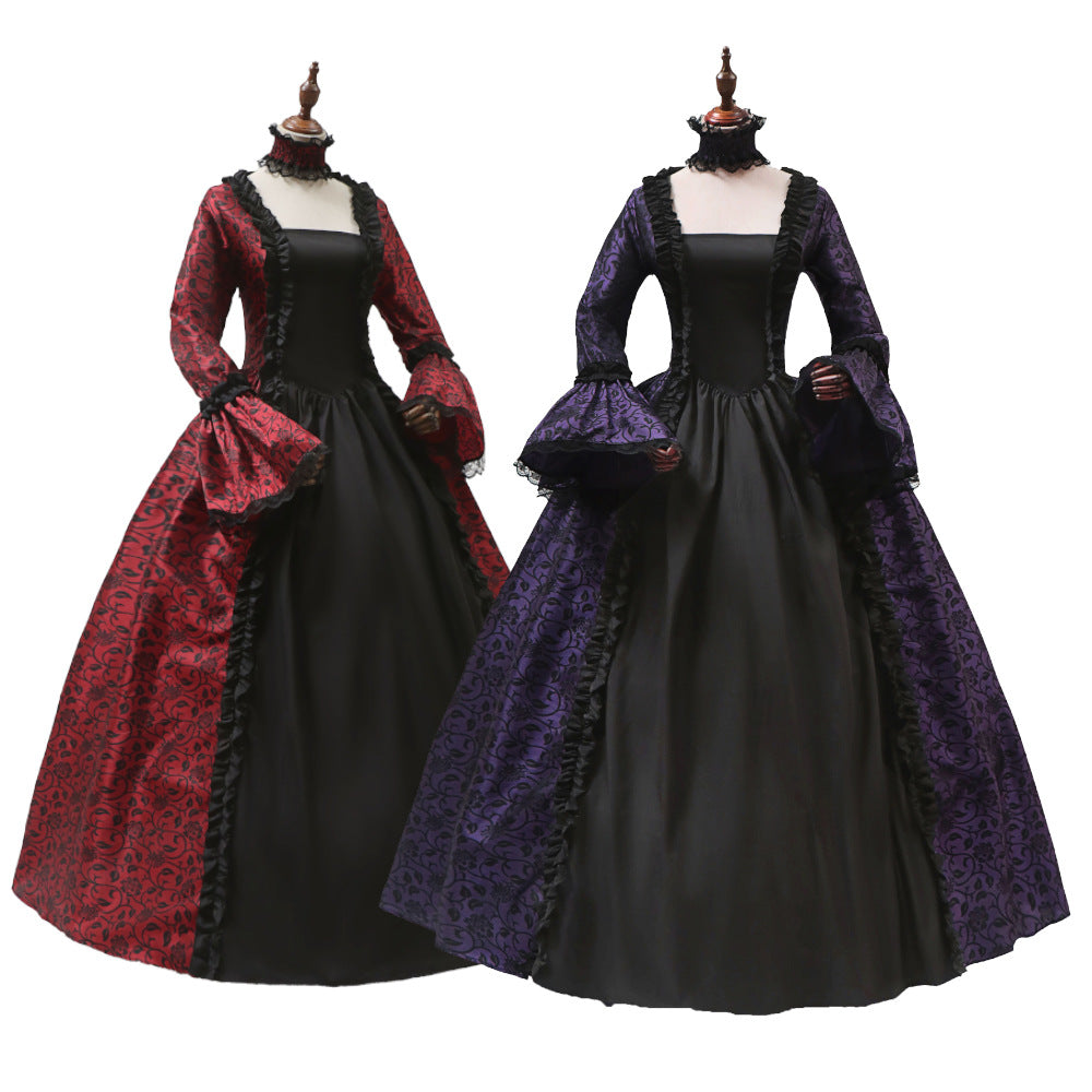 Victorian gothic Halloween costume dress with damask brocade, lace, and choker