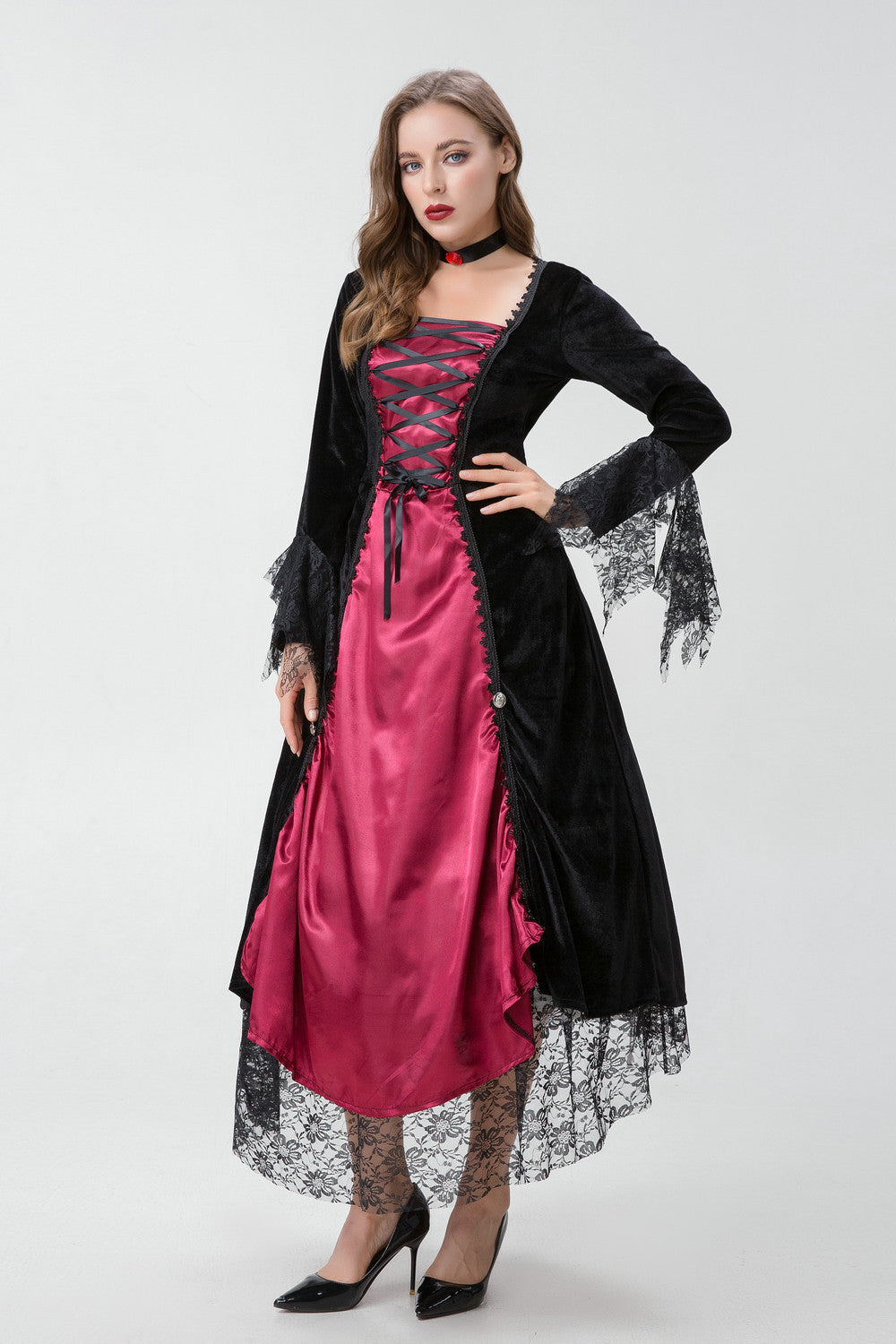 Gothic vampire queen costume dress with velvet, lace, and choker