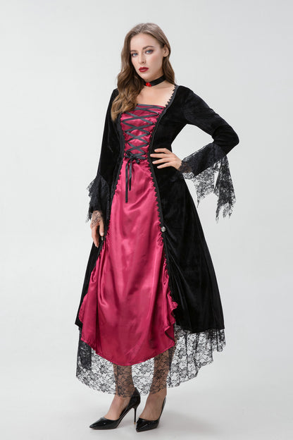 Gothic vampire queen costume dress with velvet, lace, and choker