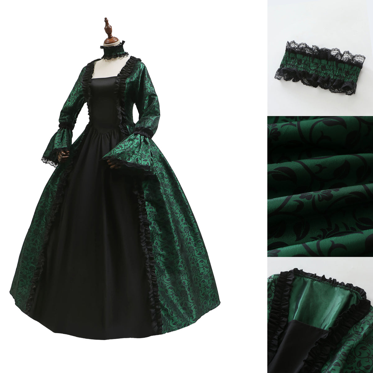 Victorian gothic Halloween costume dress with damask brocade, lace, and choker