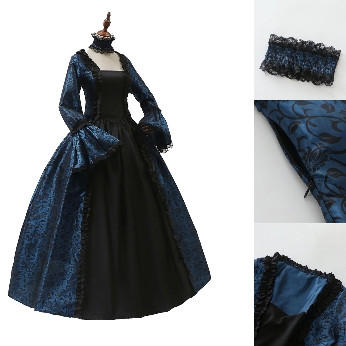 Victorian gothic Halloween costume dress with damask brocade, lace, and choker