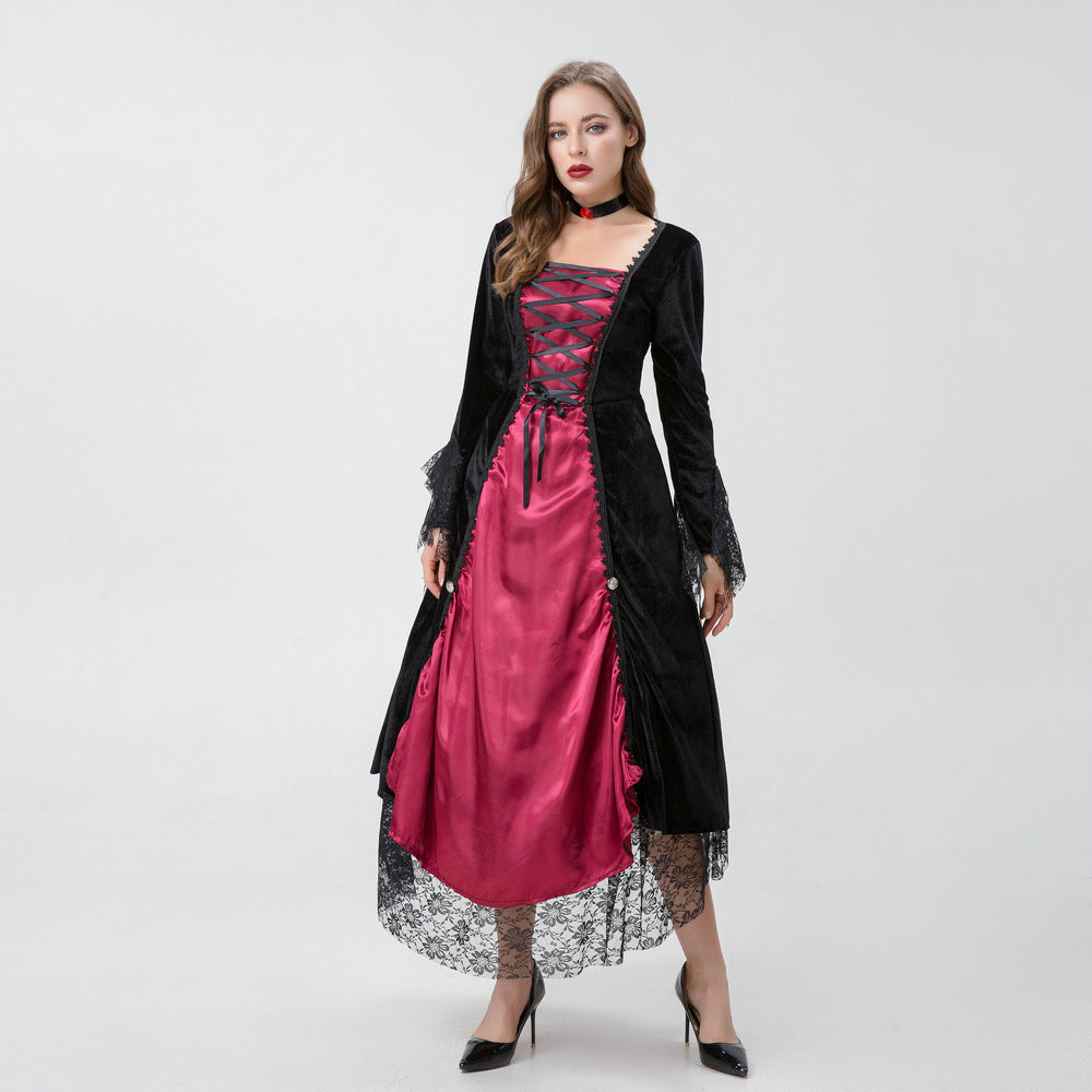 Gothic vampire queen costume dress with velvet, lace, and choker