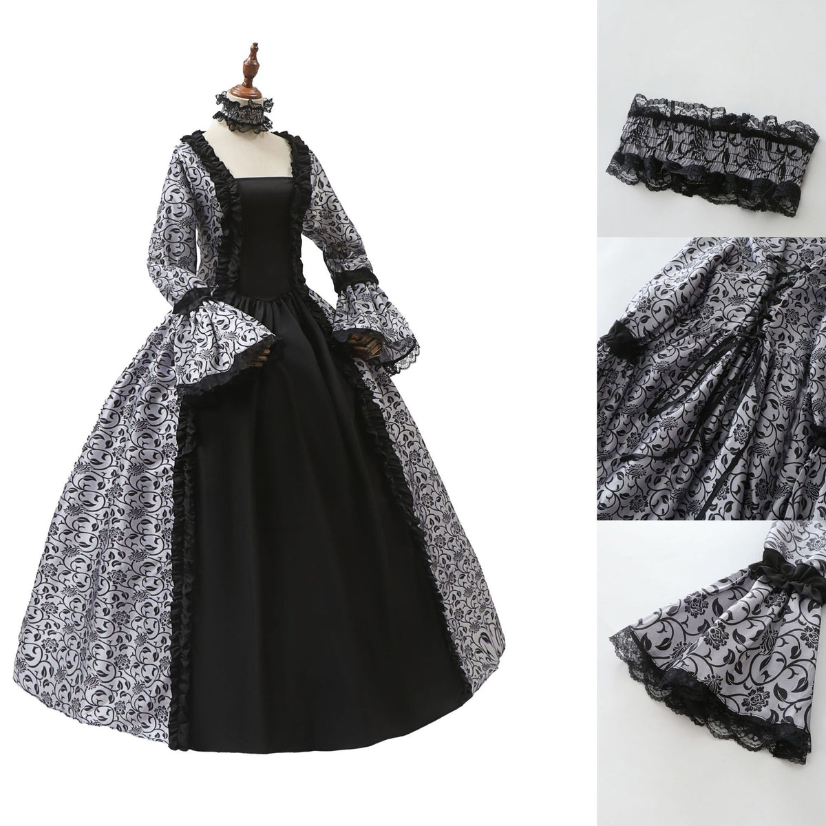 Victorian gothic Halloween costume dress with damask brocade, lace, and choker