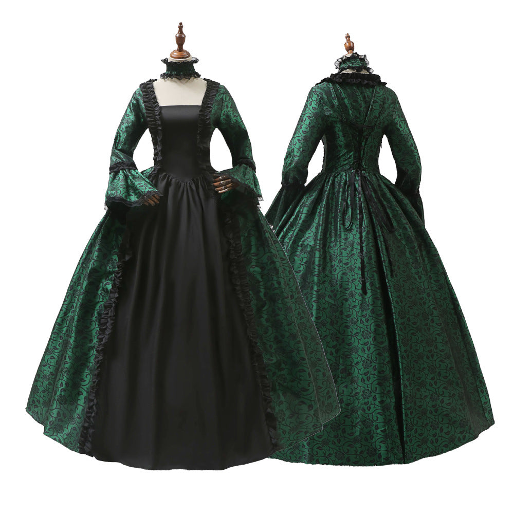 Victorian gothic Halloween costume dress with damask brocade, lace, and choker