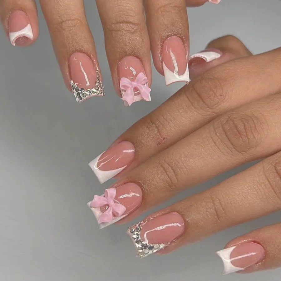 French Press-On Nails Set - 24 Pcs Short Square Full Over Fake Nails for Women & Girls