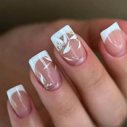 French Press-On Nails Set - 24 Pcs Short Square Full Over Fake Nails for Women & Girls
