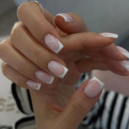French Press-On Nails Set - 24 Pcs Short Square Full Over Fake Nails for Women & Girls