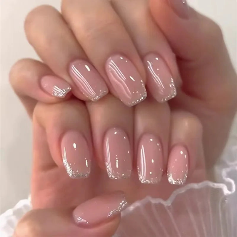 French Press-On Nails Set - 24 Pcs Short Square Full Over Fake Nails for Women & Girls