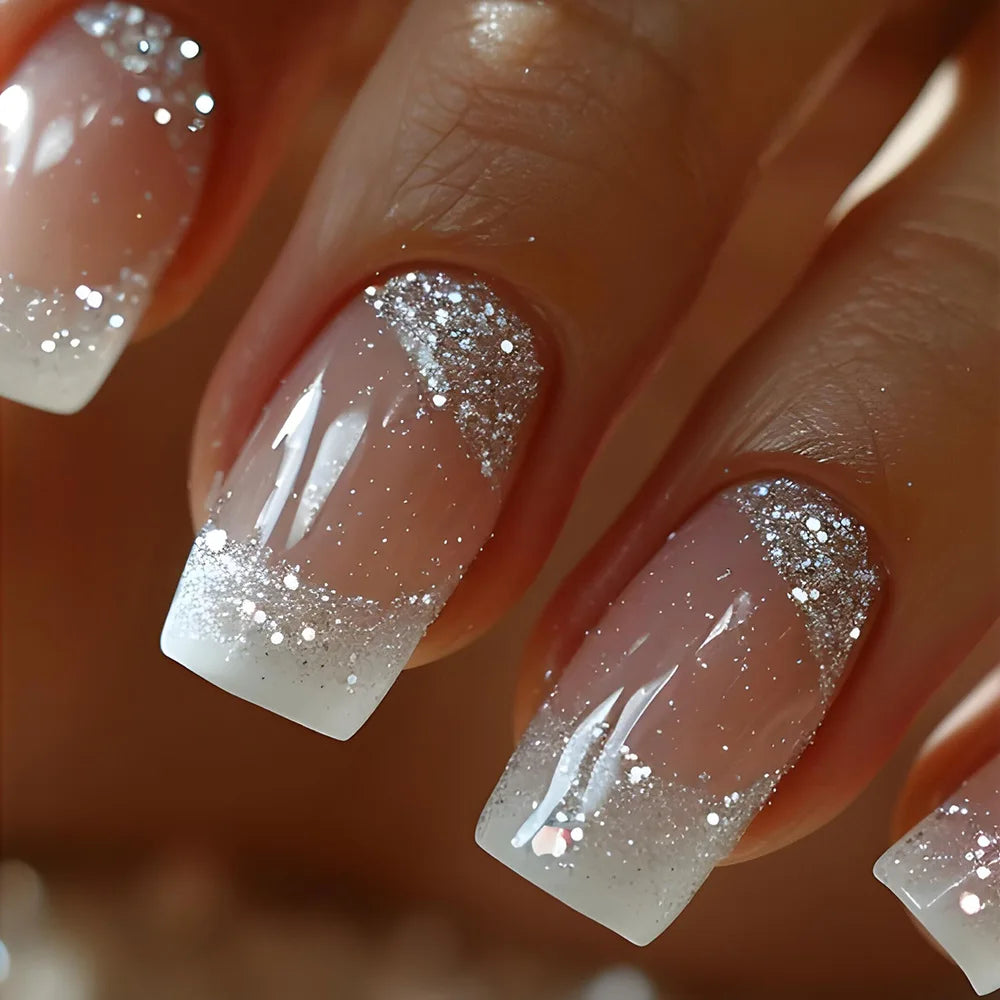 French Press-On Nails Set - 24 Pcs Short Square Full Over Fake Nails for Women & Girls