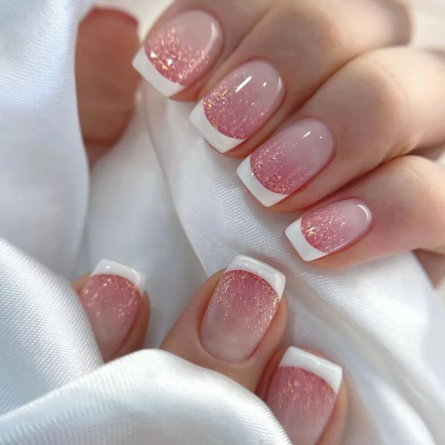 French Press-On Nails Set - 24 Pcs Short Square Full Over Fake Nails for Women & Girls