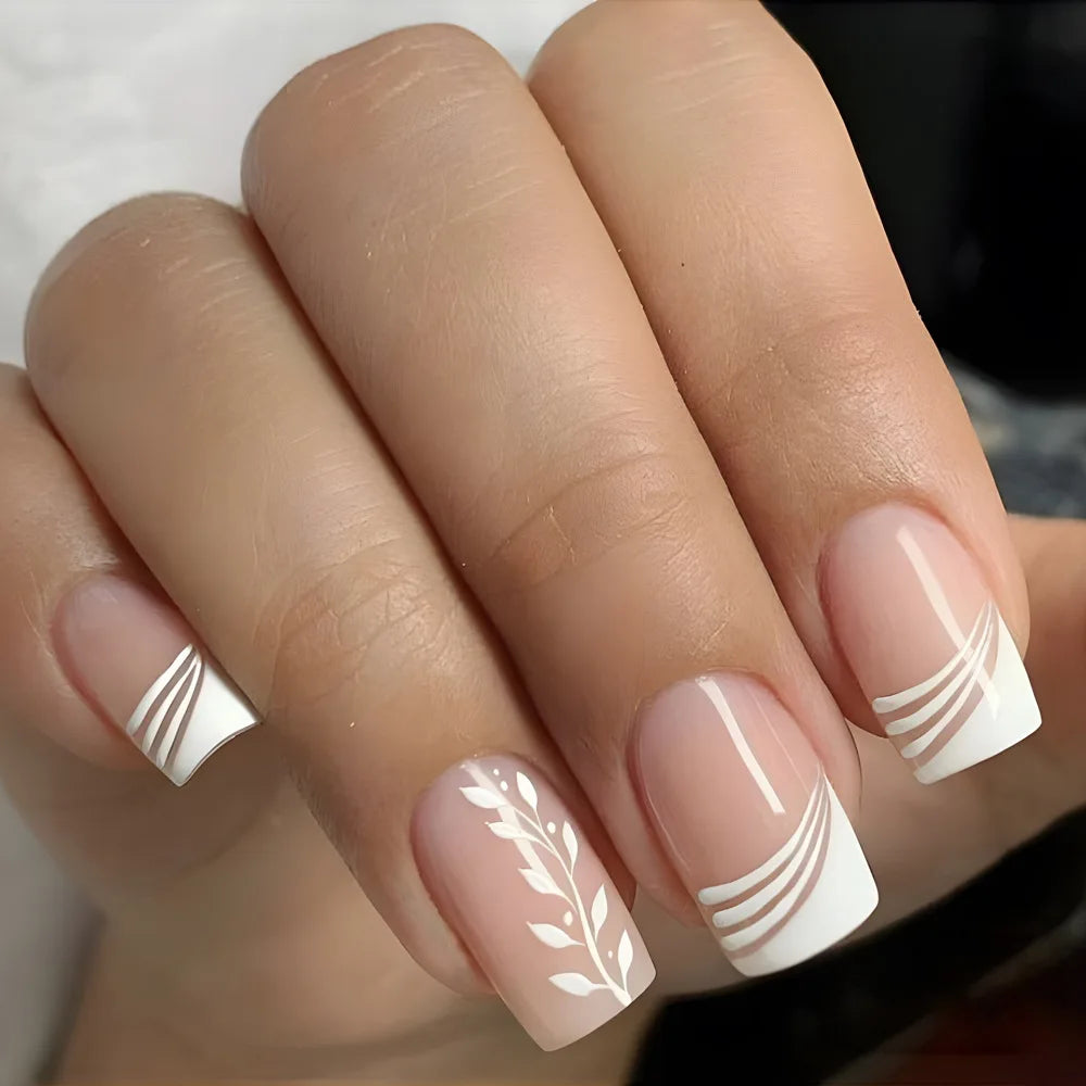 French Press-On Nails Set - 24 Pcs Short Square Full Over Fake Nails for Women & Girls
