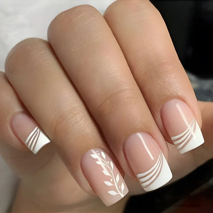 French Press-On Nails Set - 24 Pcs Short Square Full Over Fake Nails for Women & Girls