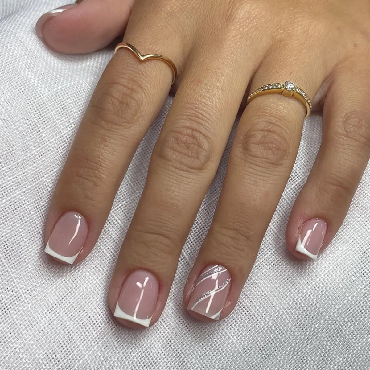 French Press-On Nails Set - 24 Pcs Short Square Full Over Fake Nails for Women & Girls