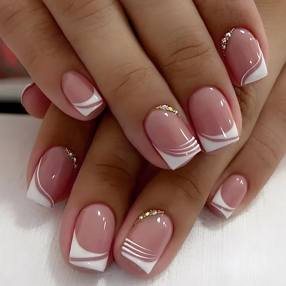 French Press-On Nails Set - 24 Pcs Short Square Full Over Fake Nails for Women & Girls