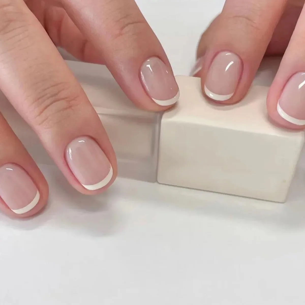 French Press-On Nails Set - 24 Pcs Short Square Full Over Fake Nails for Women & Girls