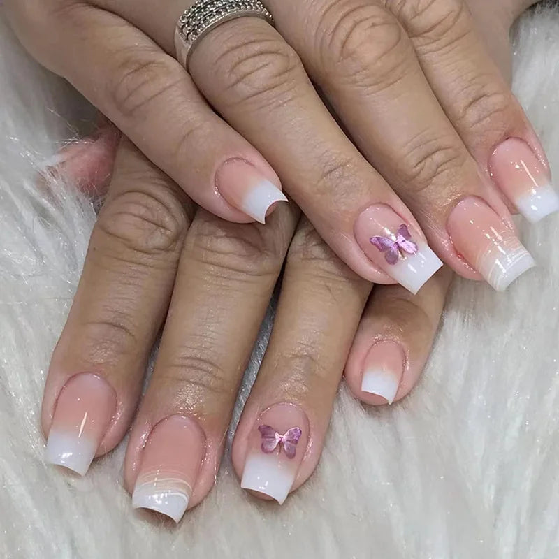 French Press-On Nails Set - 24 Pcs Short Square Full Over Fake Nails for Women & Girls