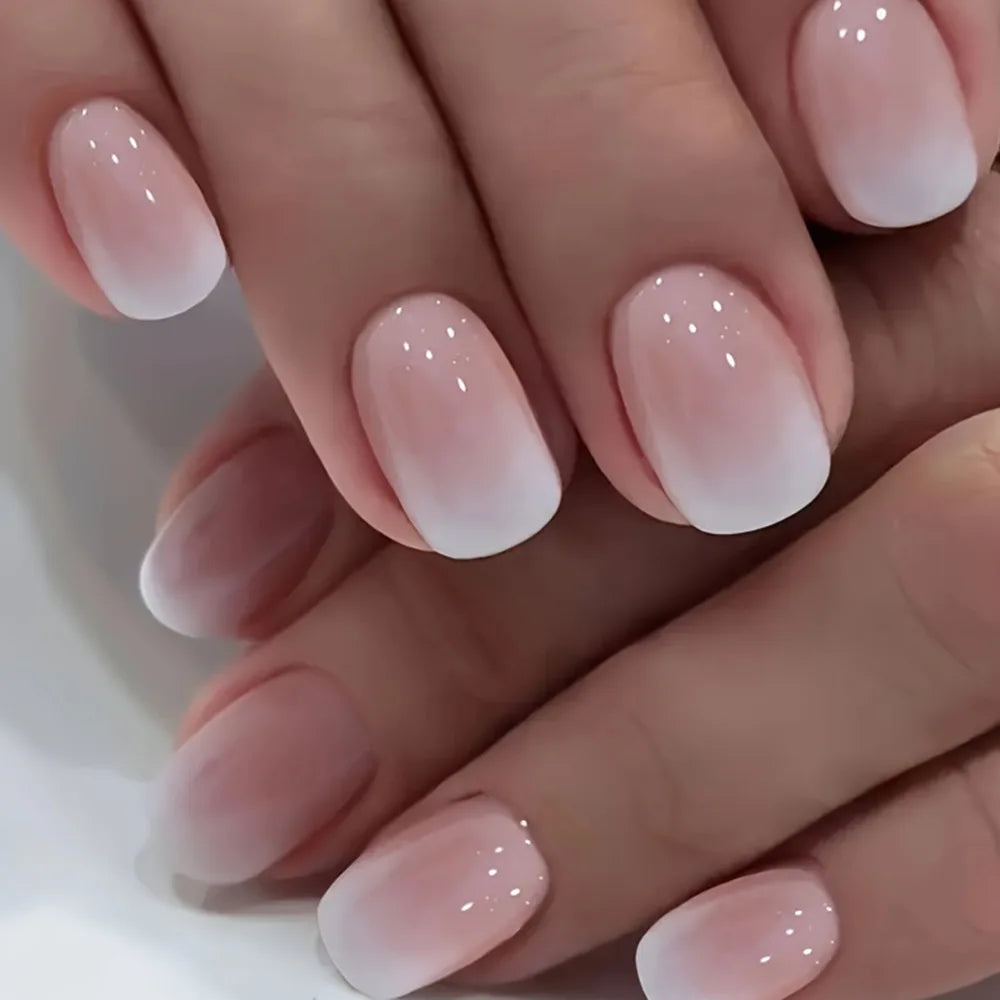 French Press-On Nails Set - 24 Pcs Short Square Full Over Fake Nails for Women & Girls