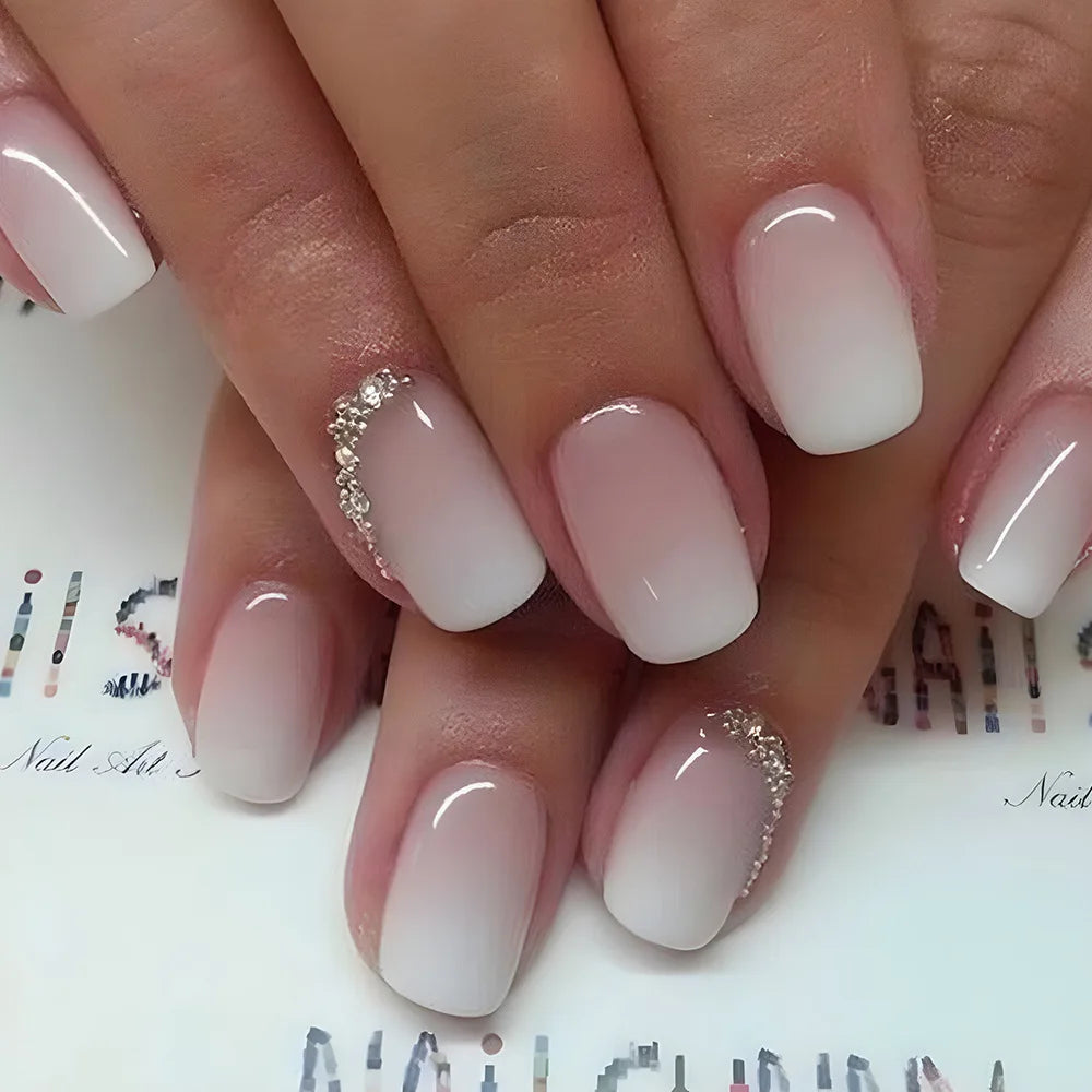 French Press-On Nails Set - 24 Pcs Short Square Full Over Fake Nails for Women & Girls