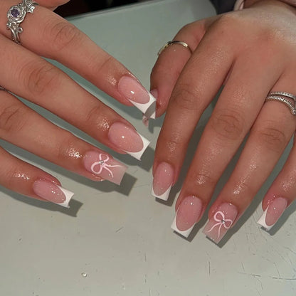 French Press-On Nails Set - 24 Pcs Short Square Full Over Fake Nails for Women & Girls