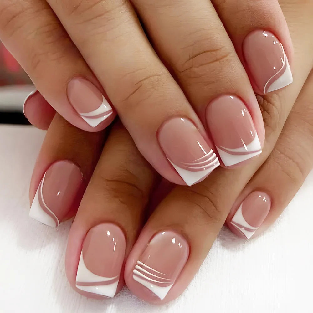 French Press-On Nails Set - 24 Pcs Short Square Full Over Fake Nails for Women & Girls