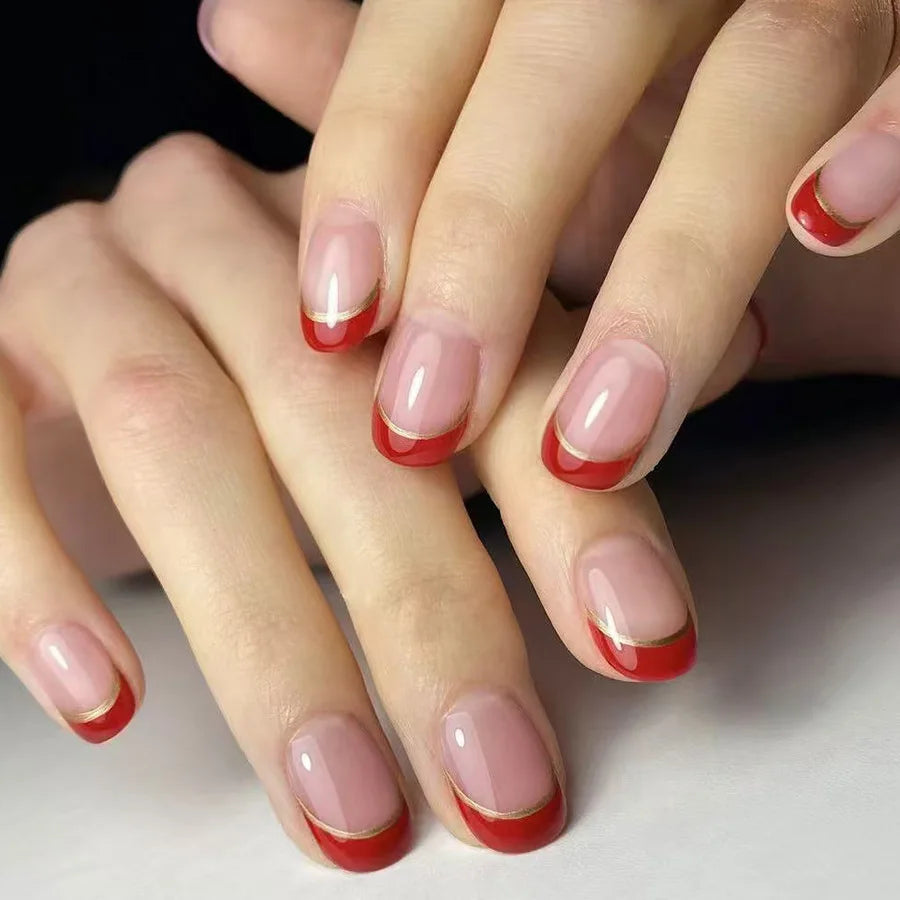 French Press-On Nails Set - 24 Pcs Short Square Full Over Fake Nails for Women & Girls