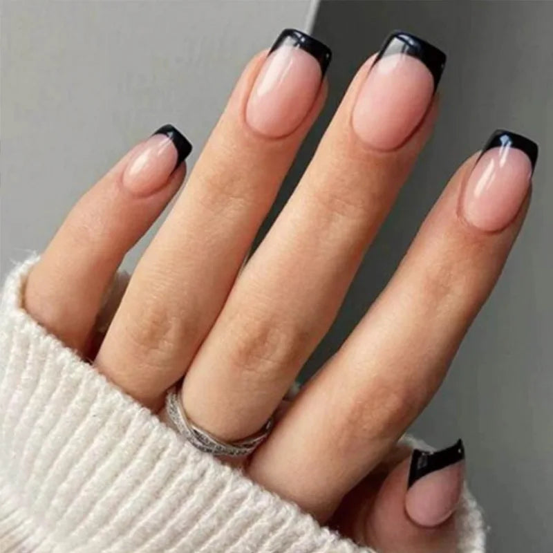 French Press-On Nails Set - 24 Pcs Short Square Full Over Fake Nails for Women & Girls