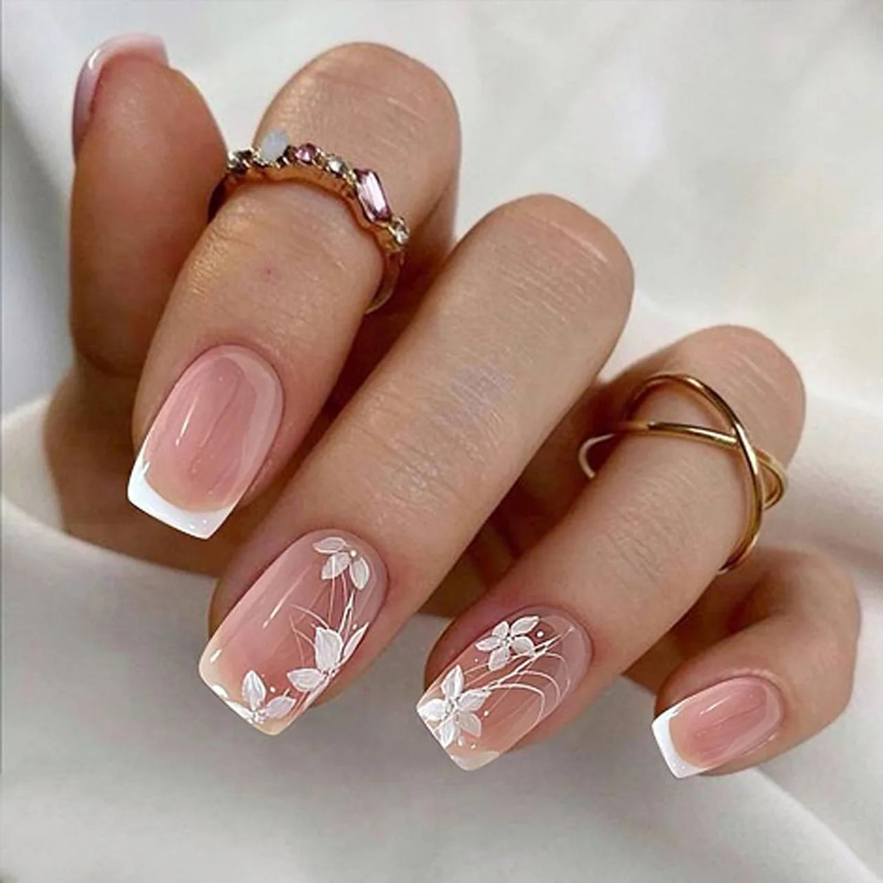 French Press-On Nails Set - 24 Pcs Short Square Full Over Fake Nails for Women & Girls