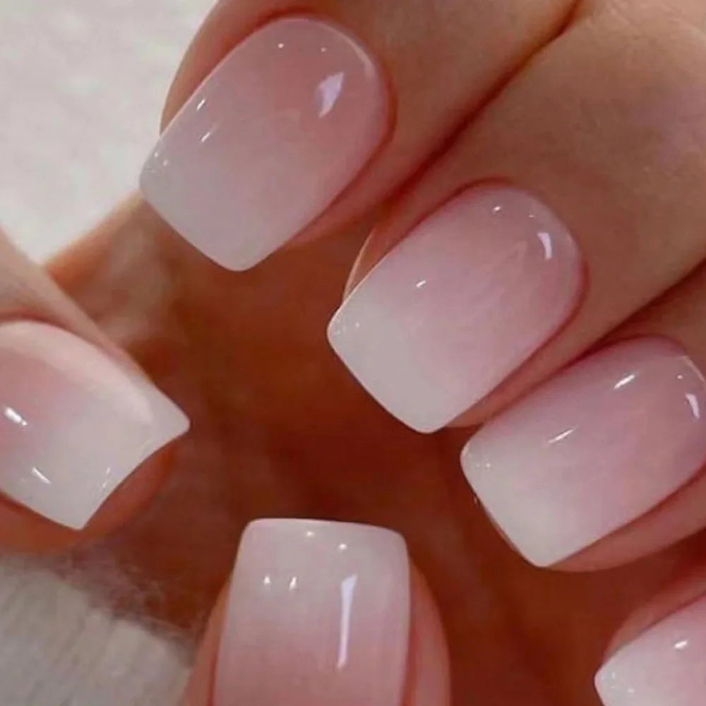 French Press-On Nails Set - 24 Pcs Short Square Full Over Fake Nails for Women & Girls