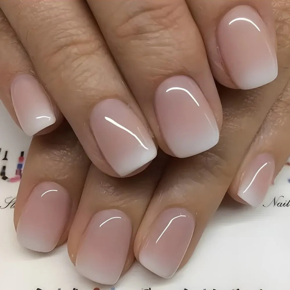 French Press-On Nails Set - 24 Pcs Short Square Full Over Fake Nails for Women & Girls