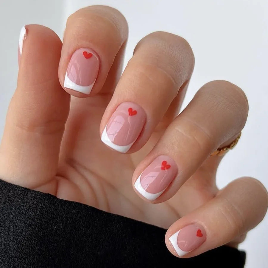 French Press-On Nails Set - 24 Pcs Short Square Full Over Fake Nails for Women & Girls