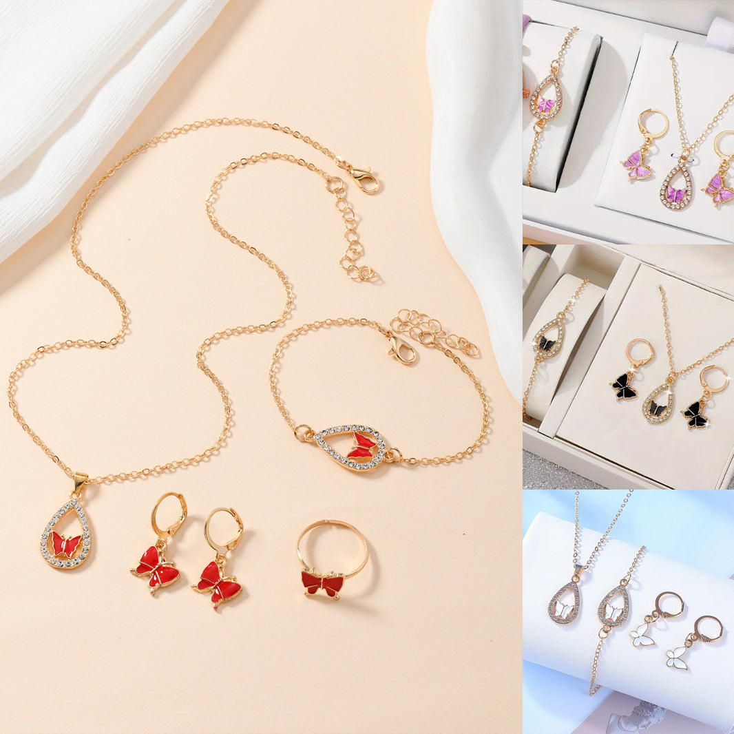 4 Pcs Butterfly Jewelry Set for Women - Necklace, Bracelet, Earrings and Ring.