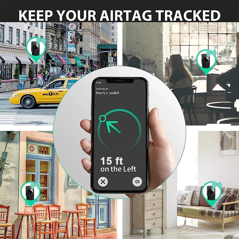 Tactical RFID wallet with AirTag slot, phone showing tracker 15 ft on the left